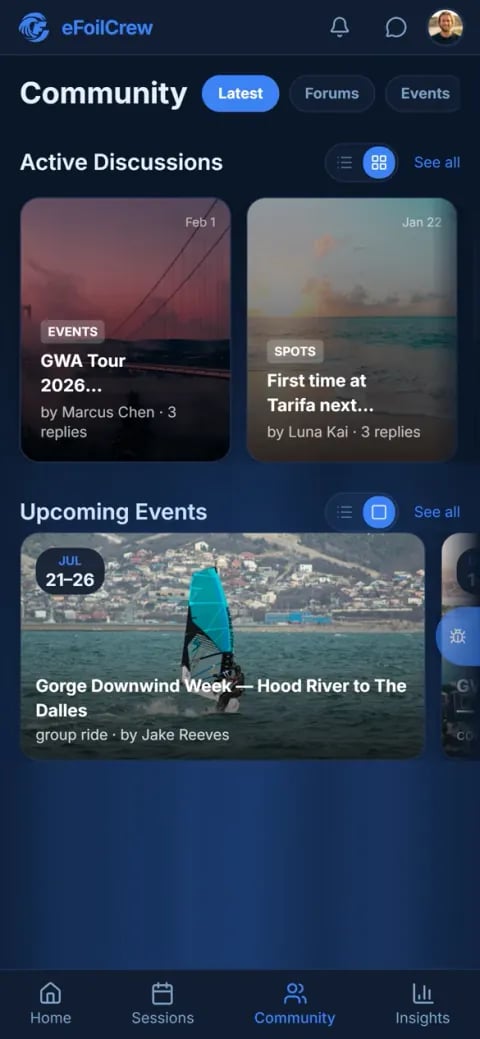The Community screen with active discussions and upcoming events
